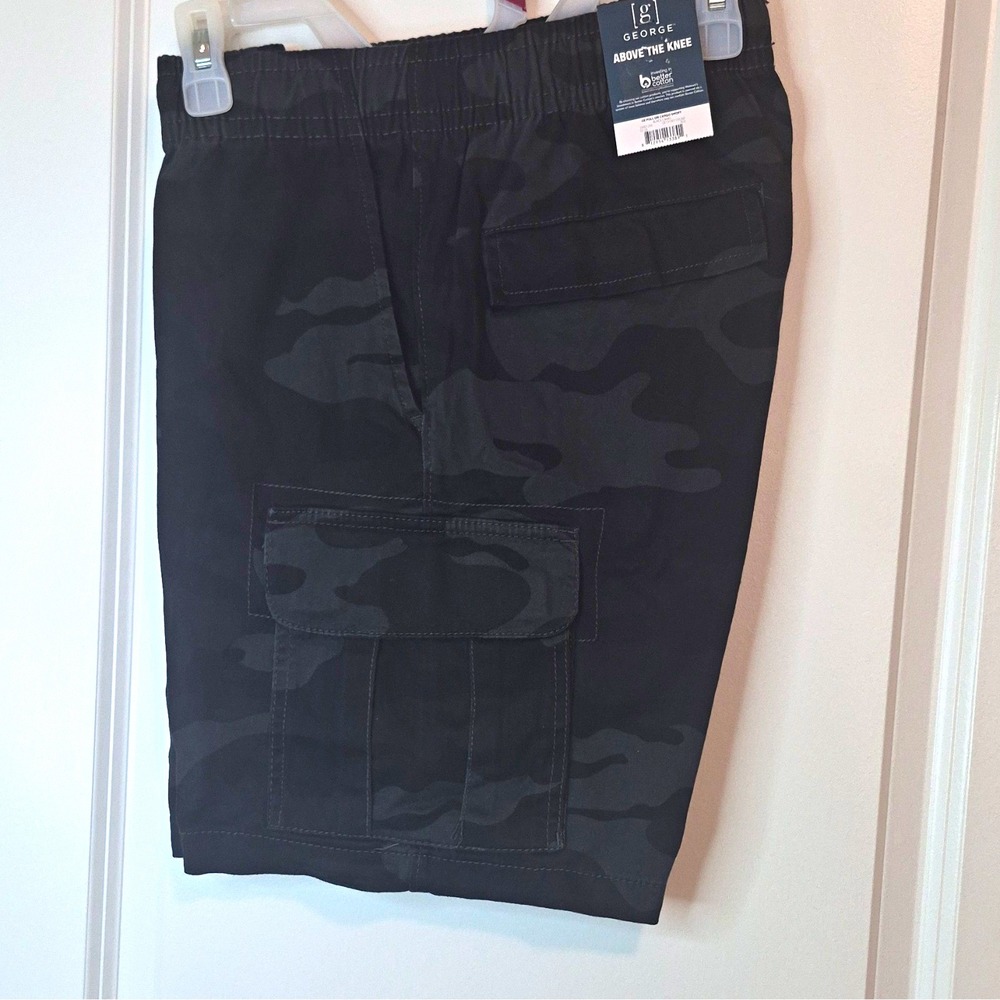 George Men's Black/Gray Camo Cargo Shorts Drawstring Elastic Waist Pockets S